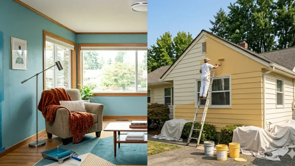 Split Image Showing Interior Wall Painting and Exterior House Painting