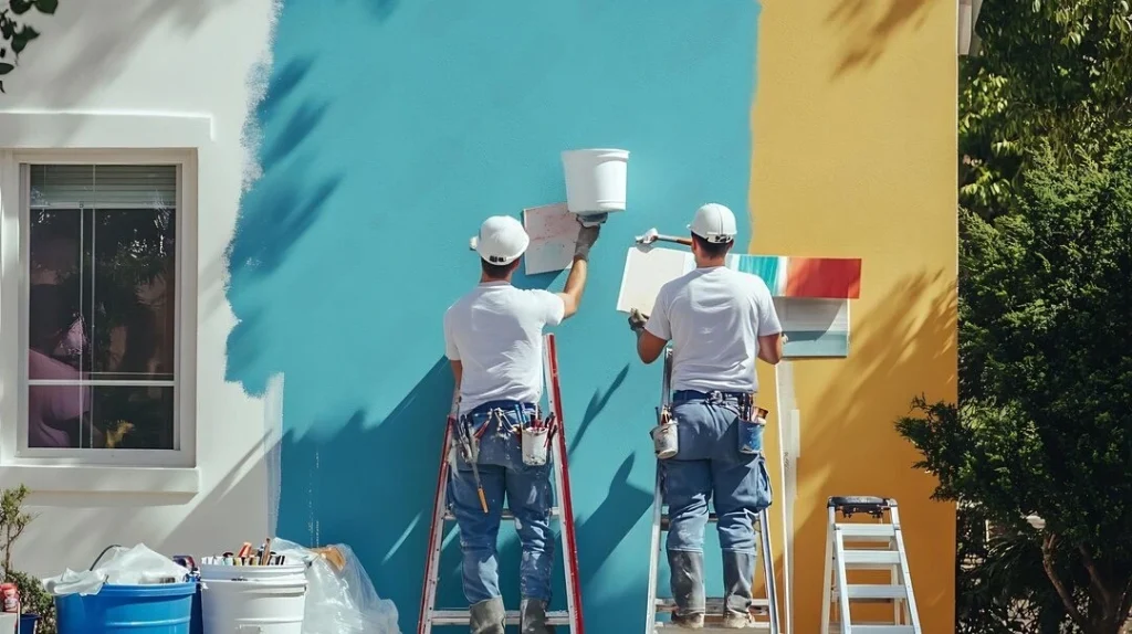 Two Men Are Painting Blue Yellow Building with White Bucket